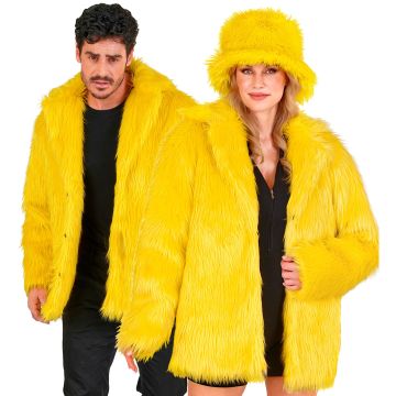 Gele faux fur jas voor een kleurrijk themafeest