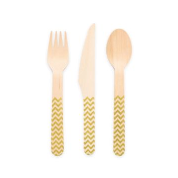 Houten bestek met gouden patroon 18 delen - 16 cm