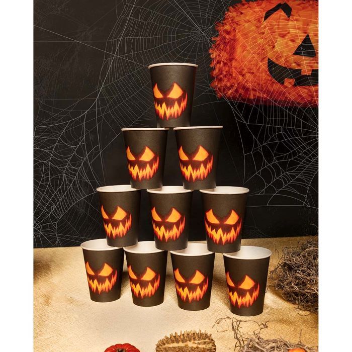 Griezelige halloween pompoen papieren bekers 10x - 210 ml