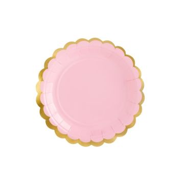 Roze papieren borden met gouden rand 6x - Ø 18 cm
