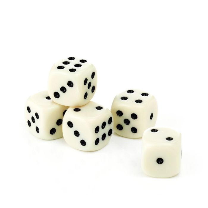 Klassieke Dobbelstenen 16 mm wit 5x originele maat