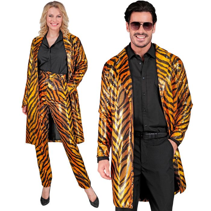 Oranje paillettenjas met tijgerpatroon