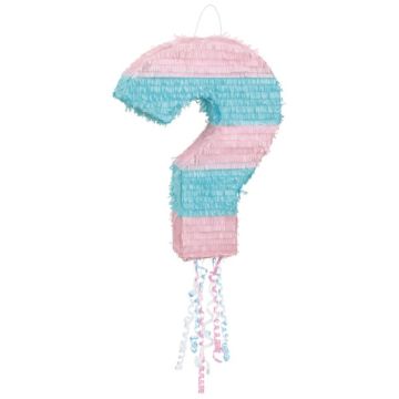 Vraagteken gender reveal piñata in blauw en pink 