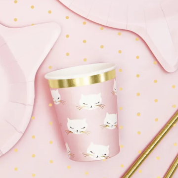 Roze papieren bekers met katten 6x - 200 ml