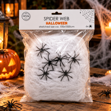 Wit spinnenweb met 6 spinnen 100 g - 1x10 meter