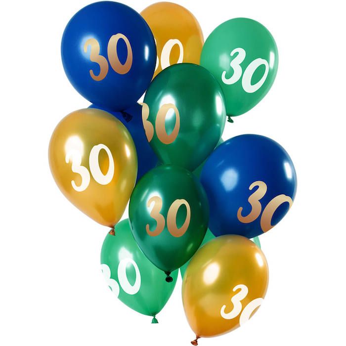 30 Jaar Ballonnen Groen, Blauw En Goud 12x - 33 cm