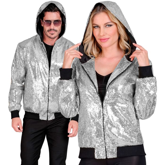 Sequin bomberjack met capuchon in zilver