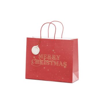 Rode kerstcadeauzak met gouden tekst - 32,5x26,5x11,5 cm