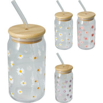 Drinkglas met bamboedeksel en rietje 500ml assorti.