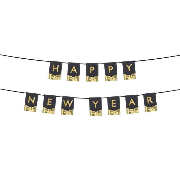 Zwarte nieuwjaarsguirlande met gouden letters en franjes - 135x16,5 cm
