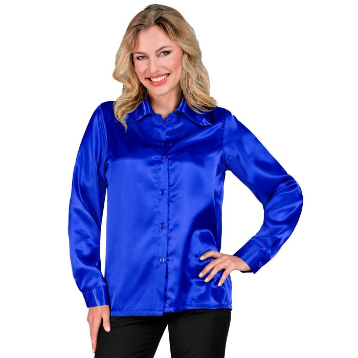 Blauw disco shirt in satijn voor dames