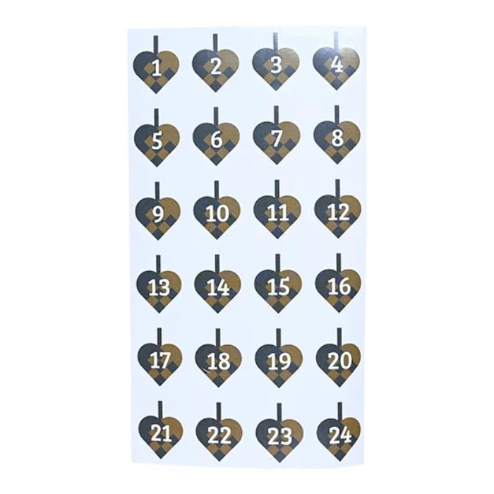 Stickervellen voor de adventskalender met cijfers en gevlochten kerstharten blauw 24x De Oude Apotheek 