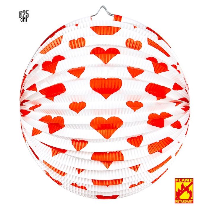 Witte en rode hartvormige ronde lantaarn - 25 cm