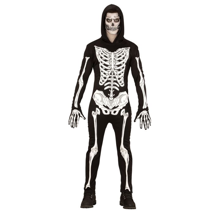 Skeletkostuum met kap en handschoenen