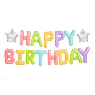 Multikleurige pastel Happy Birthday letterfoliebaloons met 2x zilveren sterren - 395x35 cm