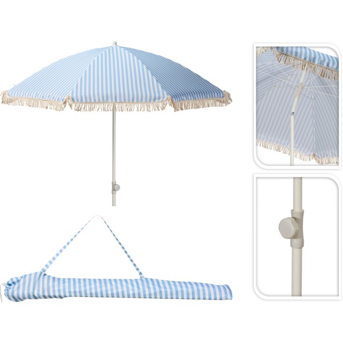 Parasol met franjes, blauwe en rauw-witte gestreept, Ø 180 cm