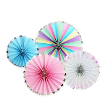 Rozetten in pastel lichtblauw, lichtroze, multifarbig en glitter 4x 