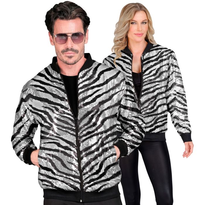 Pailletten bomberjack met zebraprint in zilver