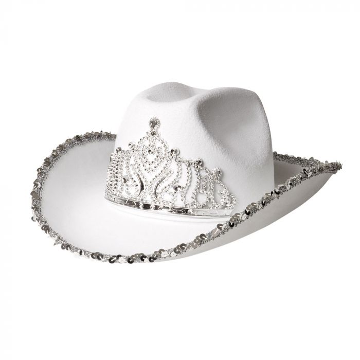 Witte glitter-cowboyhoed met glinsterende tiara 