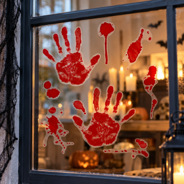 Raamstickers met bloedige handafdrukken