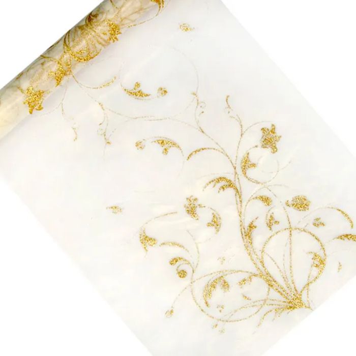 Organza tafelrunner crème met gouden patroon 0,36x9 m