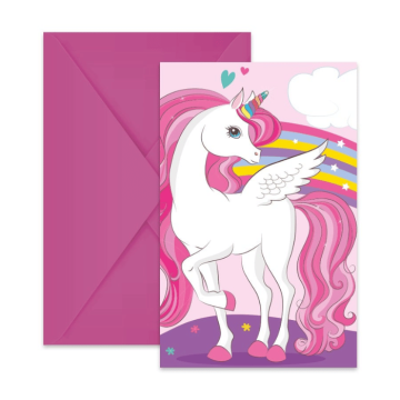 Roze eenhoorn uitnodigingen 6x - incl. envelop