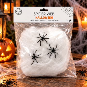 Witte spinnenweb met 3 spinnen 20 g - 1x2,5 meter