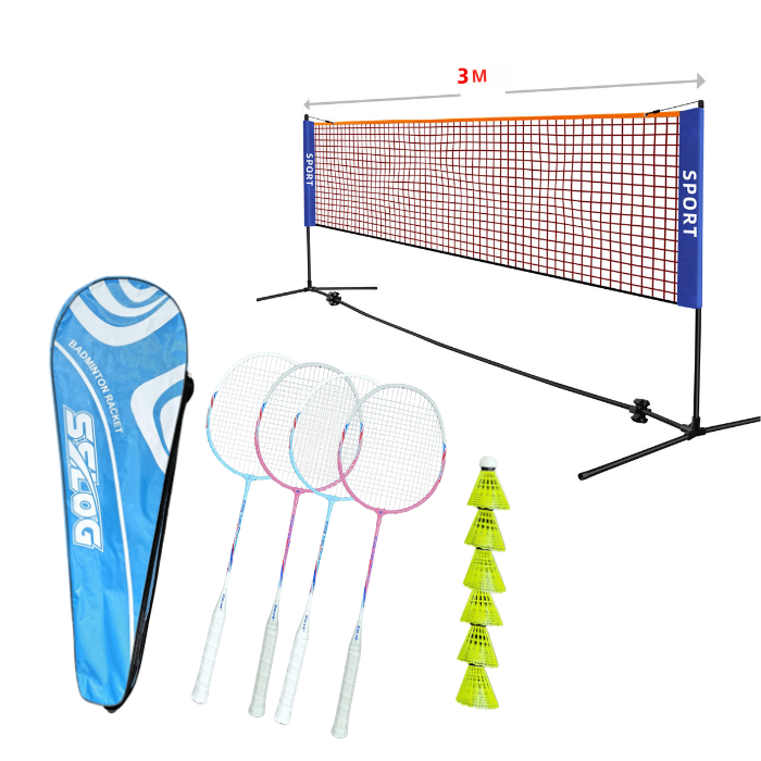 Badmintonsysteem met net, 4 rackets en 6 ballen