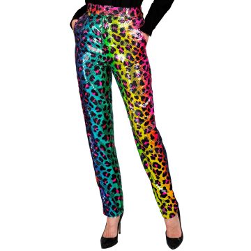 Paillettenbroek voor dames met luipaardprint in regenboog
