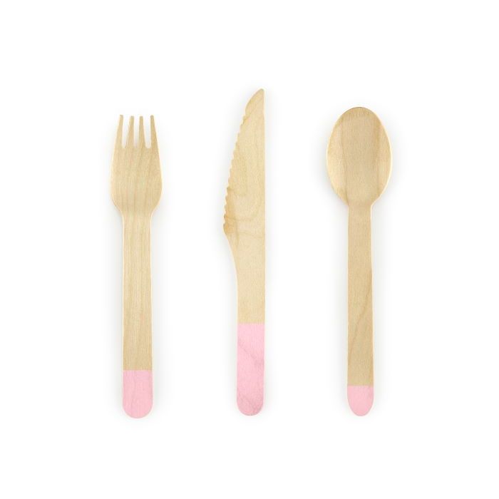 Houten bestek met roze uiteinde 18-delig - 16 cm
