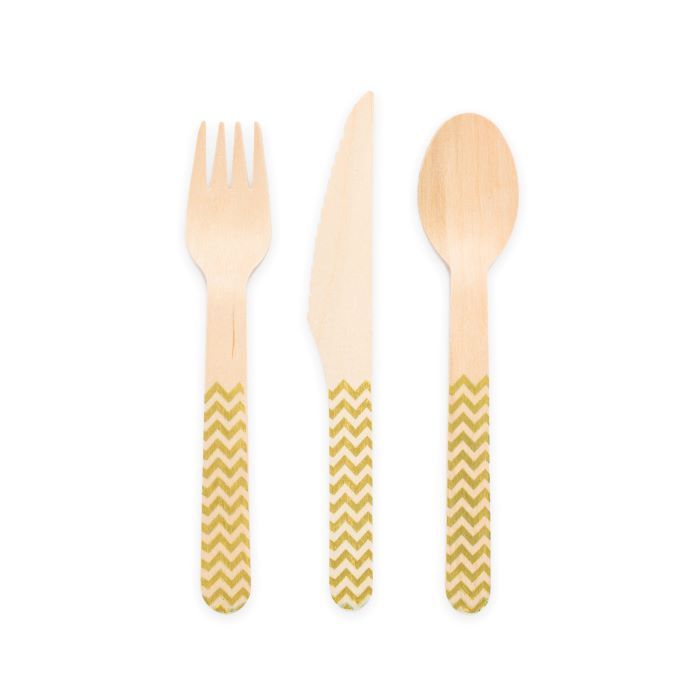 Houten bestek met gouden patroon 18 delen - 16 cm