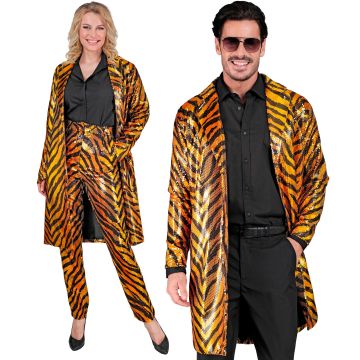 Oranje paillettenjas met tijgerpatroon