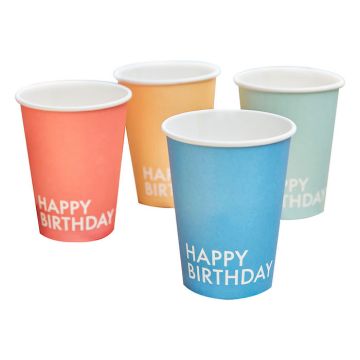 Happy birthday papieren bekers 8x in verschillende kleuren - 265ml