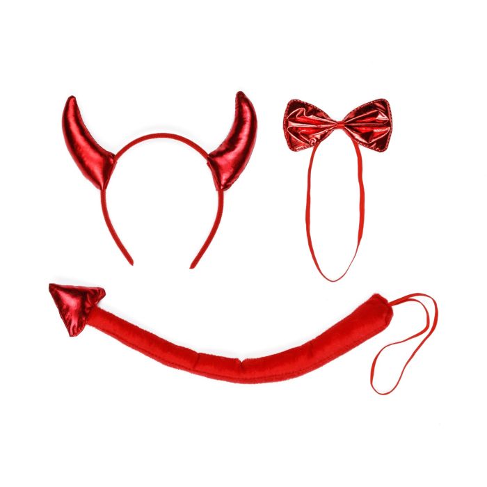 Rood duivelskostuum met haarband, vlinderdas en staart one size