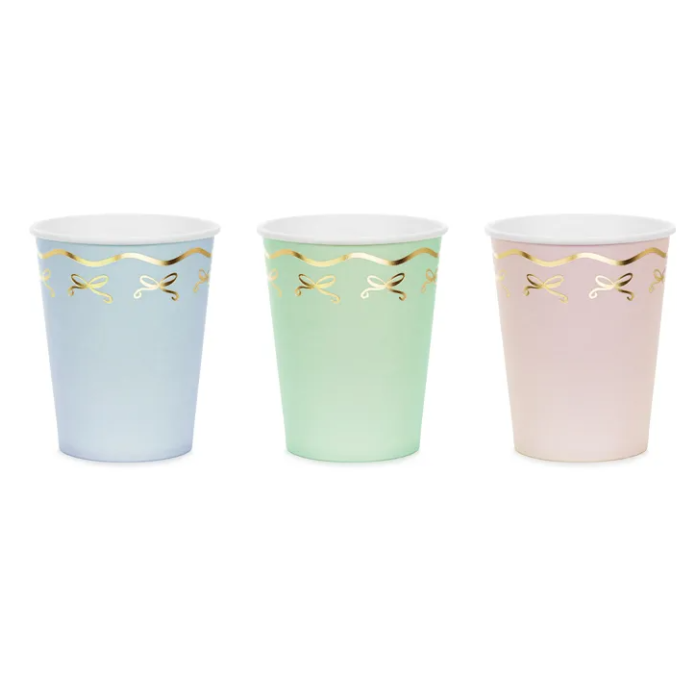 Pastel papbekers met gouden strikken 6x - 220 ml