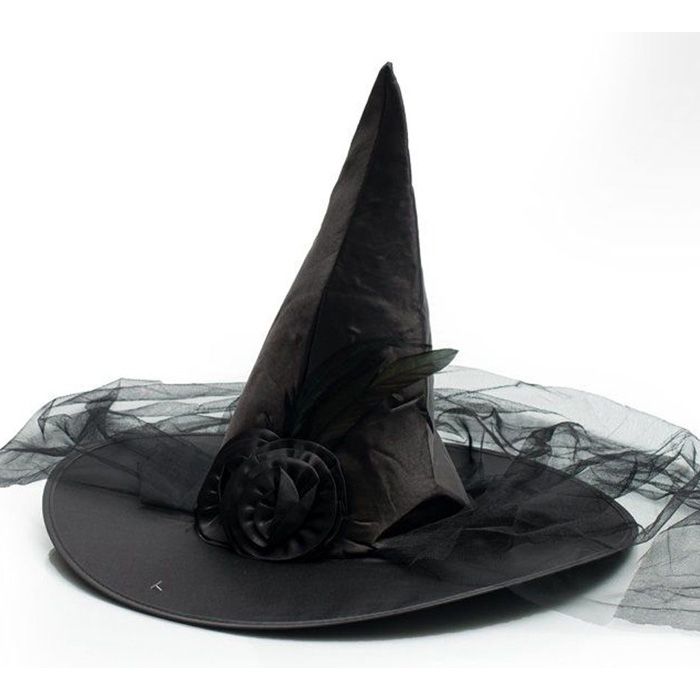 Zwarte heksenhoed met voile en bloemen