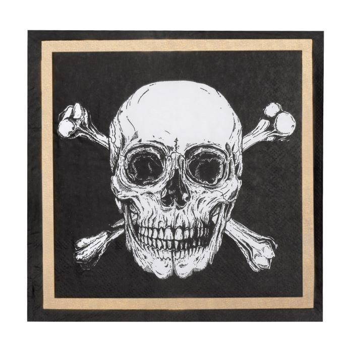 Doodskop piratenservetten met gouden rand 20x - 33x33 cm
