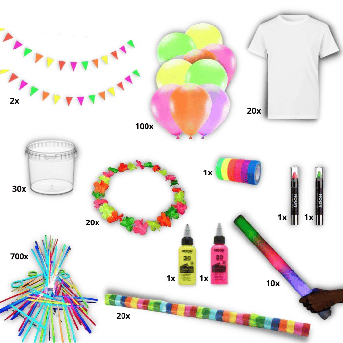 UV neon feestpakket incl. verf, decoratie, T-shirts en meer 