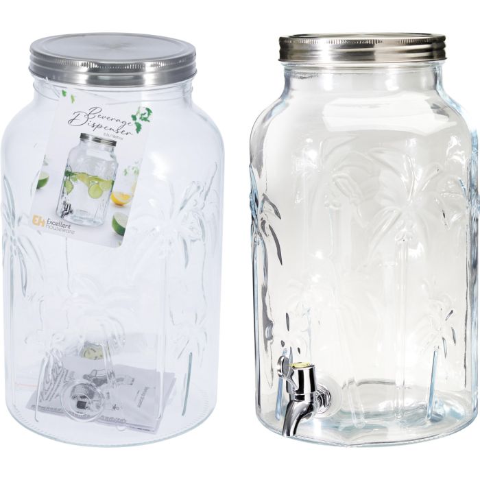 Drinkkan in glas met palmenpatroon en kraan, 5,5 liter