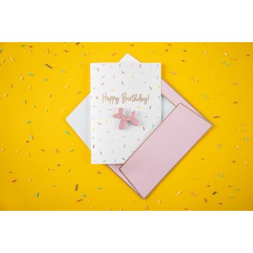 Wit verjaardagskaart met ballonhond en confetti-motieven met envelop - 14,8x10,5 cm
