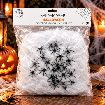 Witte spinnenweb 500 g m. spinnen - 1,5x25 meter