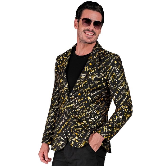 Zwarte nieuwjaarsjacket met glinsterende tekst