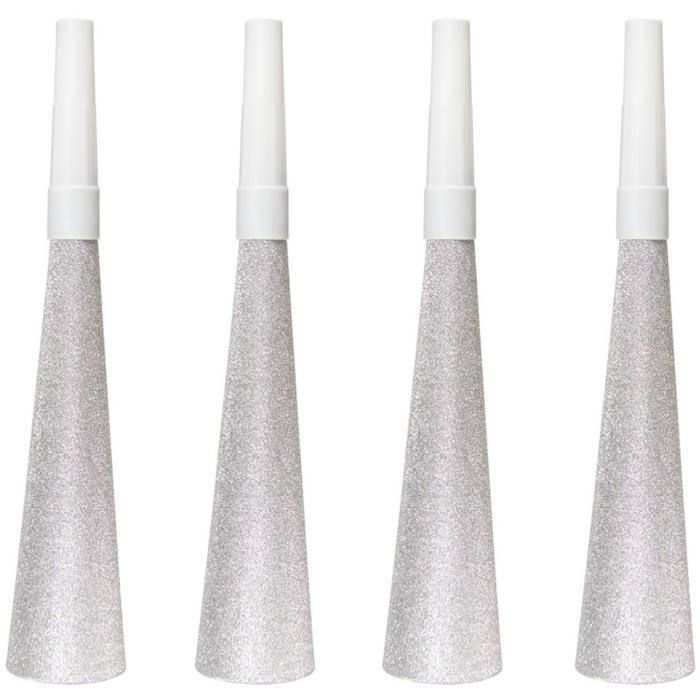 Zilveren glitter partytrompetten 4x - 19 cm