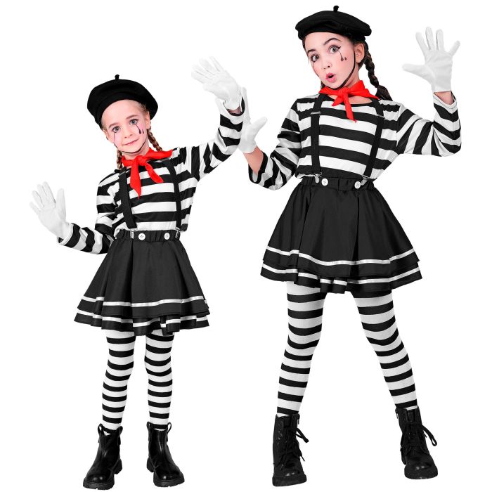 MIME (shirt, rok, bretels, halsdoek, handschoenen, hoed) Zwart