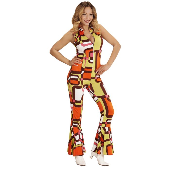 70'er disco jumpsuit in oranje met blokpatroon