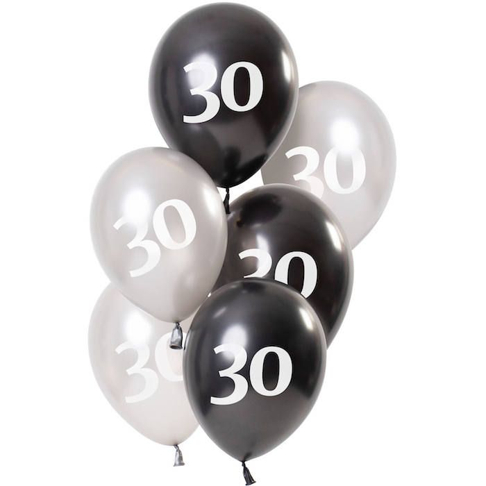 30 jaar ballonnen metallic zwart en zilver 6x - 23 cm