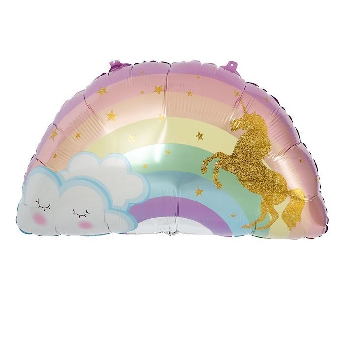 Regenboog folieballon in pasteltinten met eenhoorn 35x65 cm