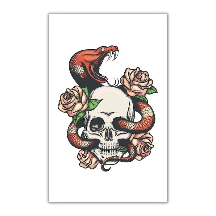 Kunstige schedel tatoeage met rozen en slang 10,5x20 cm