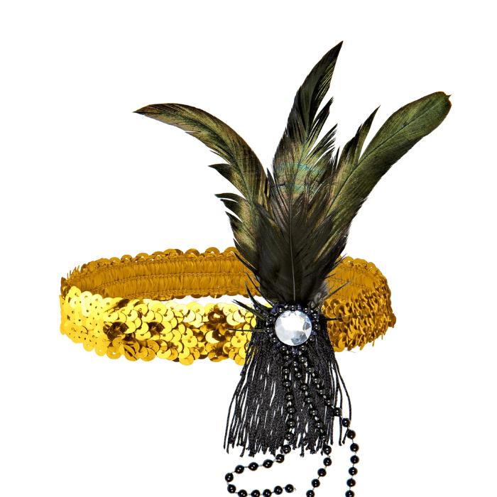Gouden haarband met veren en parels