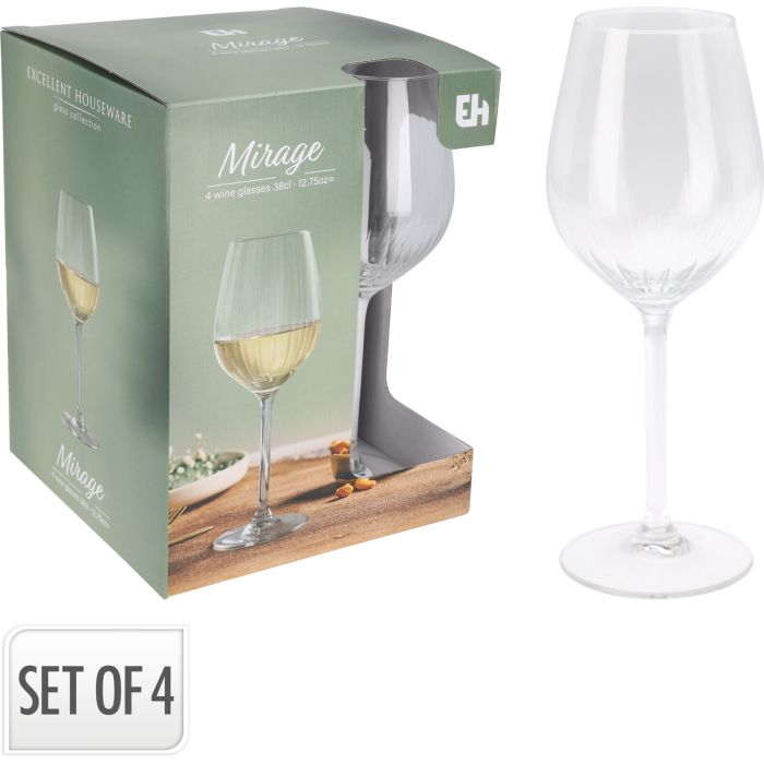 Geribbelde wijnglazen in helder glas, 4 stuks, 38 cl